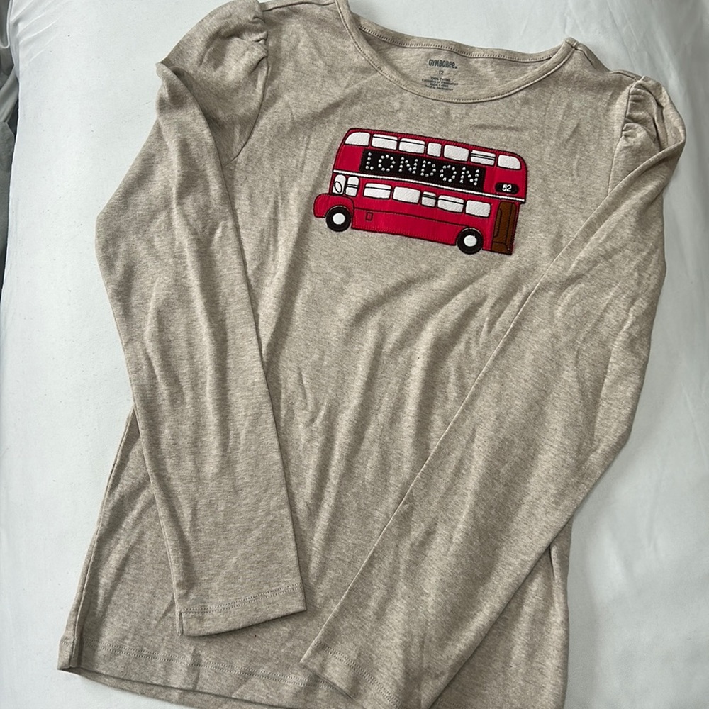 NWOT Gymboree long sleeve tan shirt with embroidered London bus with sparkles